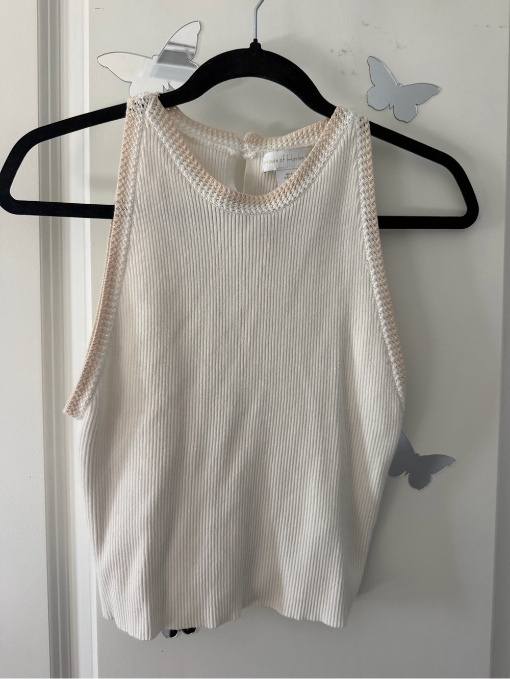 House of Harlow 1960 Cream Ribbed Tank with Knitted Trim